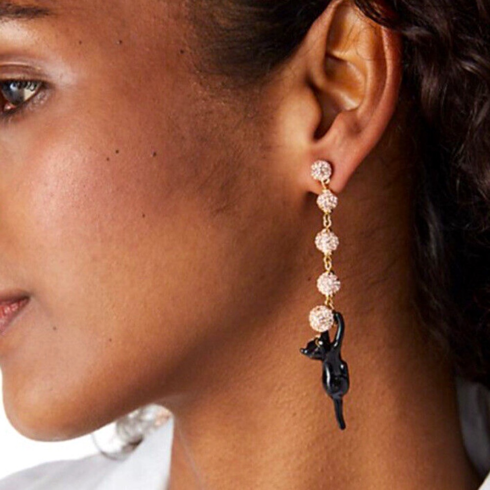 RARE Kate Spade House Black Cat Pavé Linear Earrings Gold - Picture 10 of 10